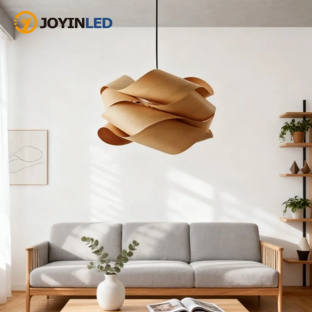 Nordic Wood Veneer Pendant Light Dia 45CM 60CM Modern Creative Art Wooden Pendant Lamp for Loft Restaurant Living Room Bedroom