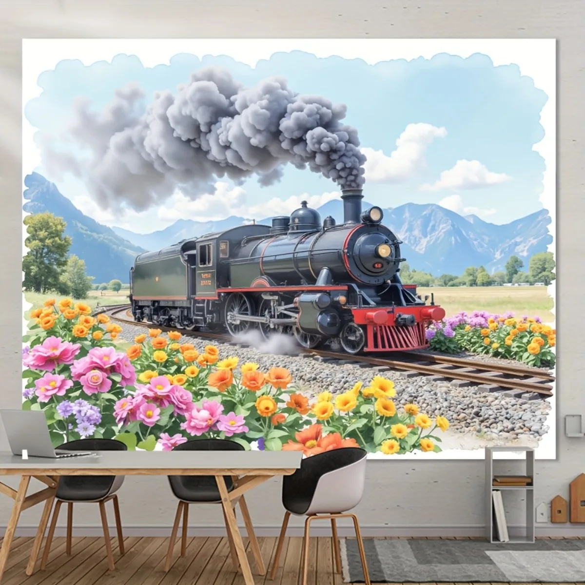 Retro Steam Train and Floral Landscape Tapestry Wall Decor Vintage Steampunk Artwork Hanging Print 180x280cm Large Size