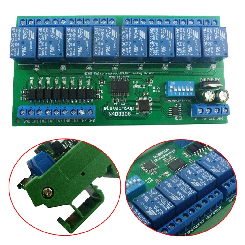 8 Ch RS485 Relay Board Modbus RTU UART Remote Control Switch DIN35 Rail Box For PLC Automation Control