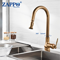 ZAPPO Brass Antique Brass Kitchen Faucet Single Hole Copper Widespread Mixer Taps with Pull Down Sprayer Hot Cold Water Mixer