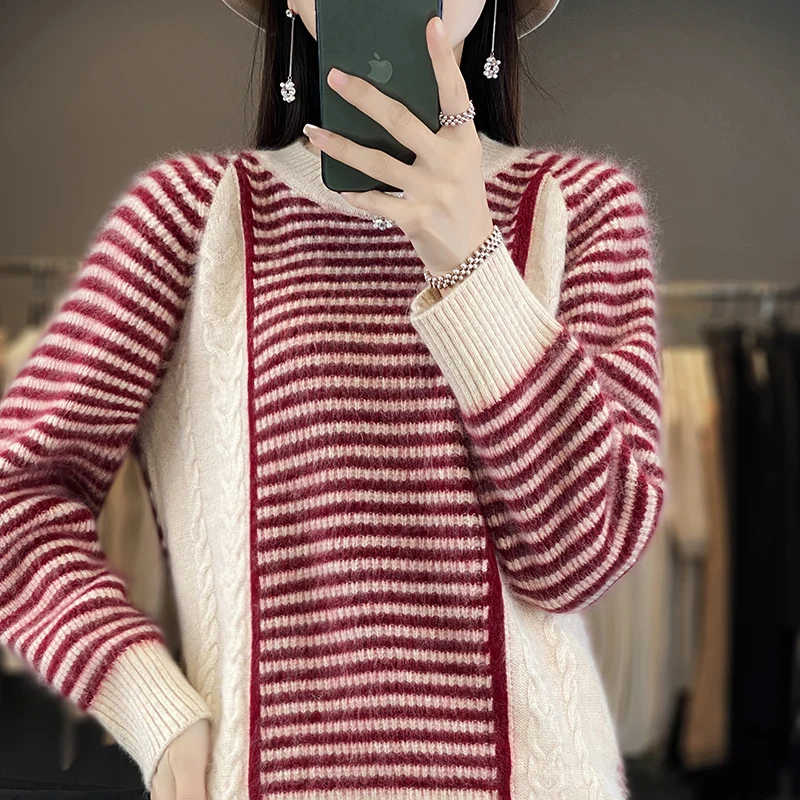 2023 Autumn/Winter New Women's Sweater 100% Mink Fleece O-Neck Knitted Color Block Pullover Loose Korean Fashion Soft Top