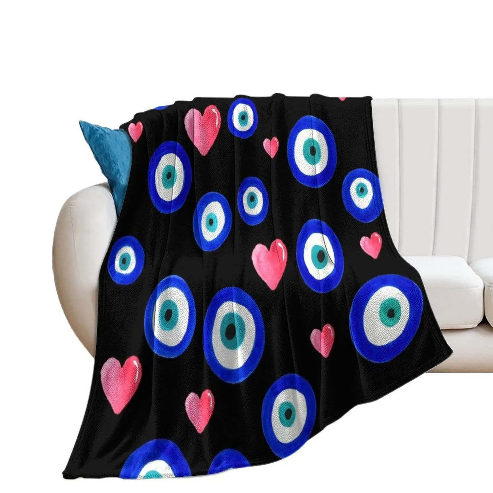 Scattered Evil Eyes & Hearts on black Throw Blanket Heavy Kid'S Luxury Brand Retros Blankets