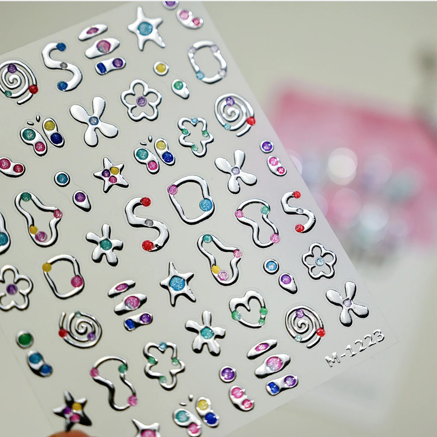 Sparkling Delicate Silver Metal Wire 5D Nail Art Stickers Colorful Diamond Star Blossom Heart Glitter Self-adhesive Nail Decals