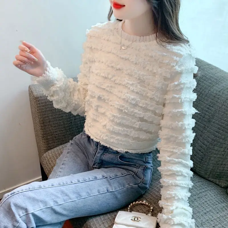 Plucked Ruffle Edge Stand Up Collar Sweet Base Shirt Women's Long Sleeved Lace Shirt Top