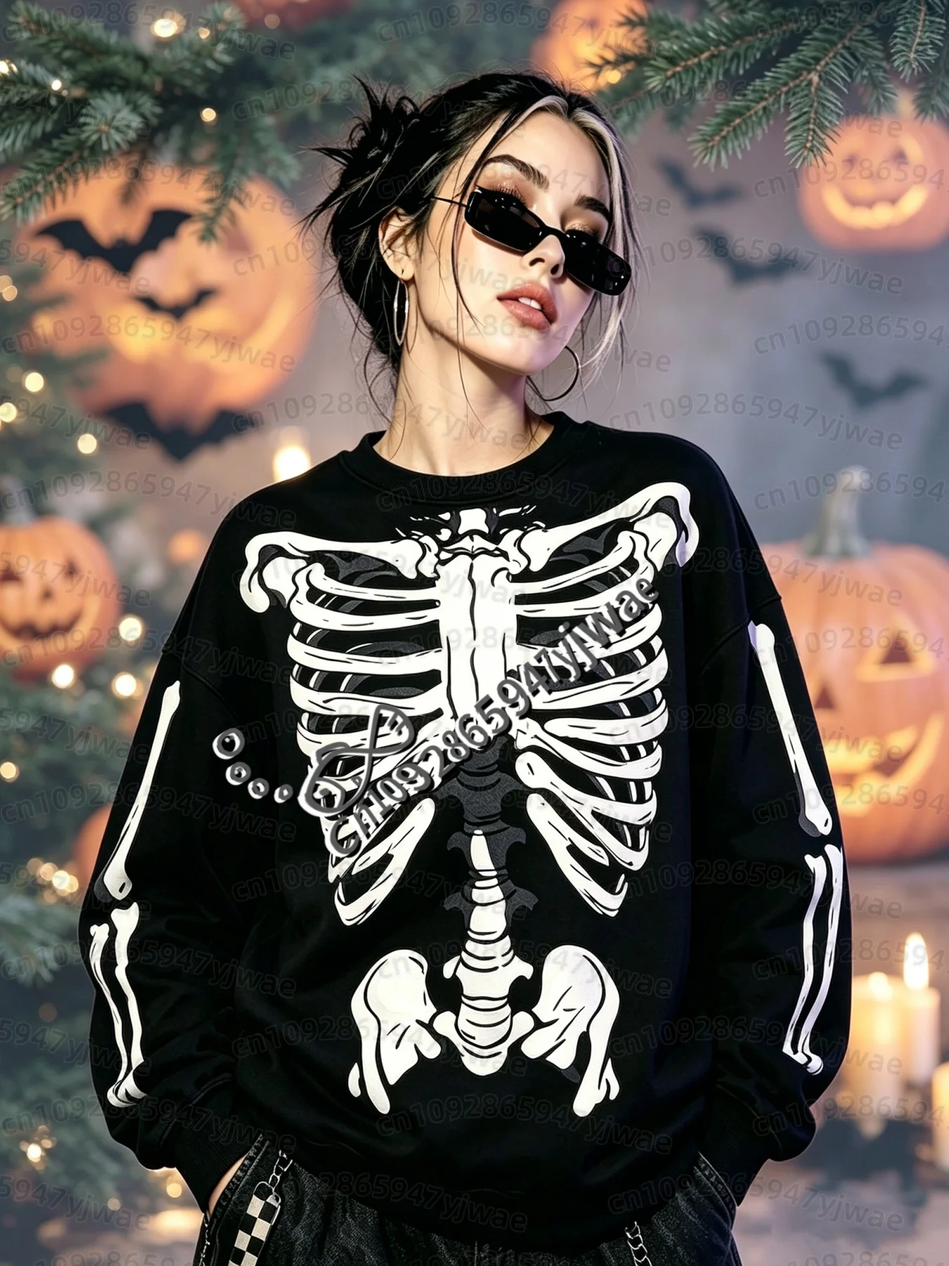 26 Women Grunge Y2k Tops Girls Y2k Sweatshirt Goth Women's Hoodies Halloween Cosplay Skeleton Bones Vintage O-Neck Sweatshirt