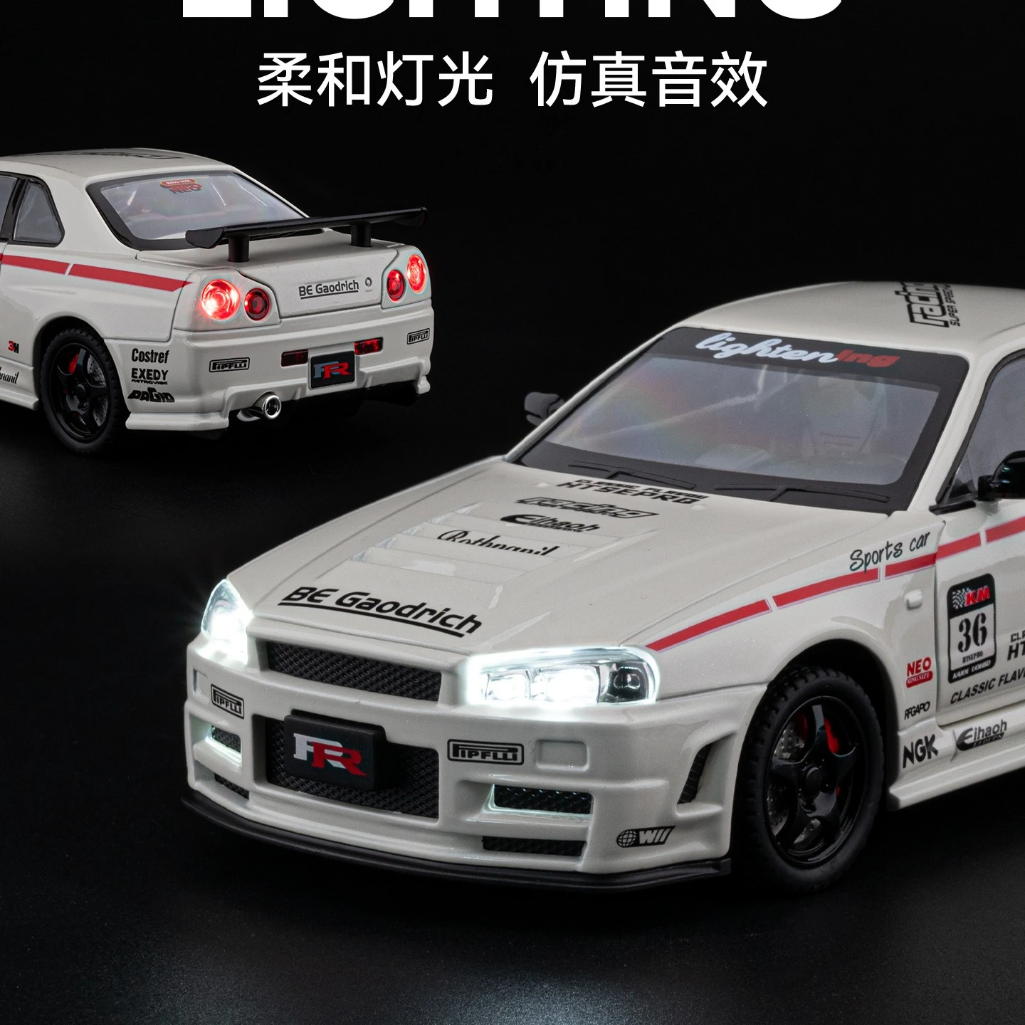1:24 R34 sports car Alloy Car Model Sound and Light Pull Back Children's Toy Collectibles Birthday gift