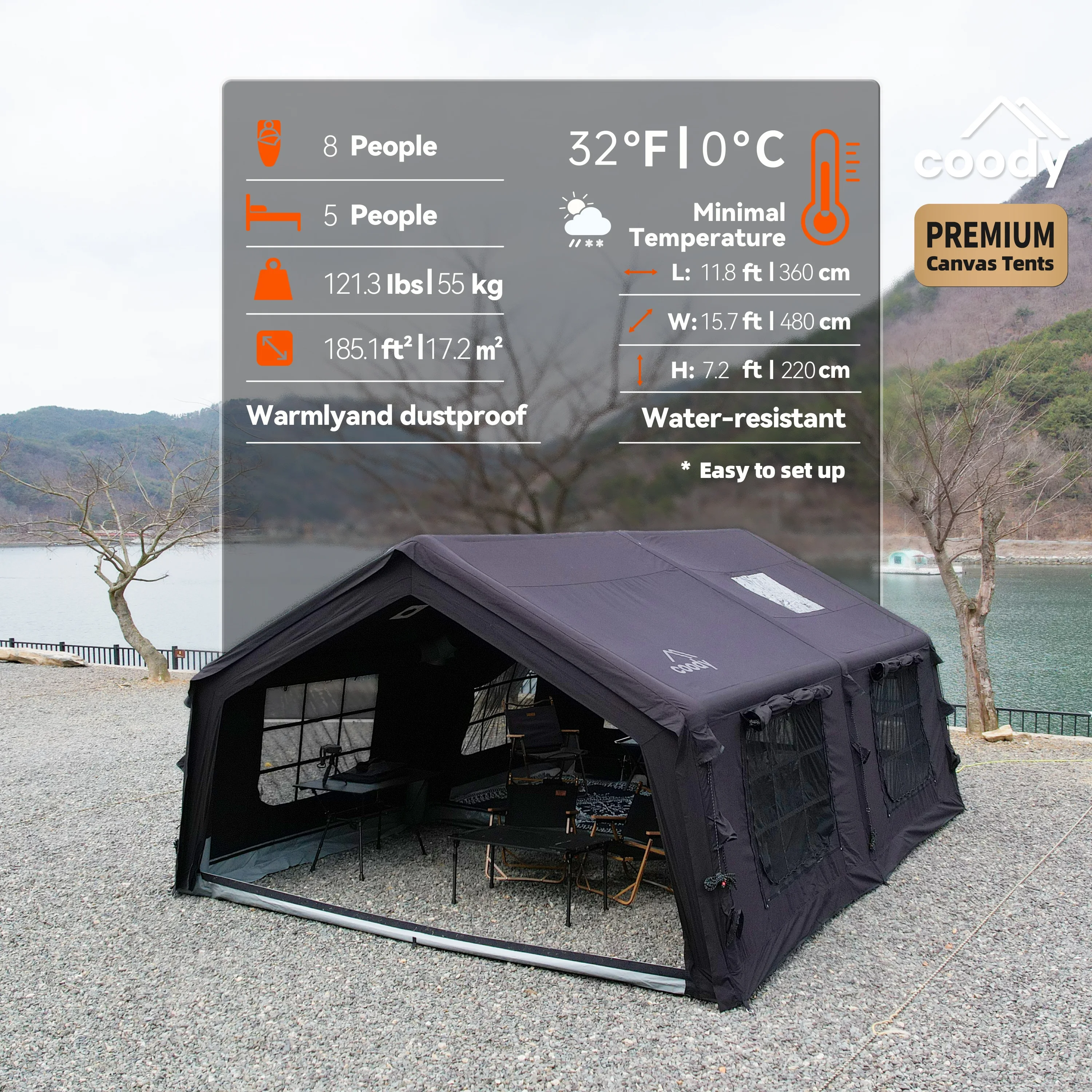 Familia 17.2 Air Tent-Black Outdoor Large Party Luxury Glamping Large Family Camping 5-8 Person Inflatable Tent