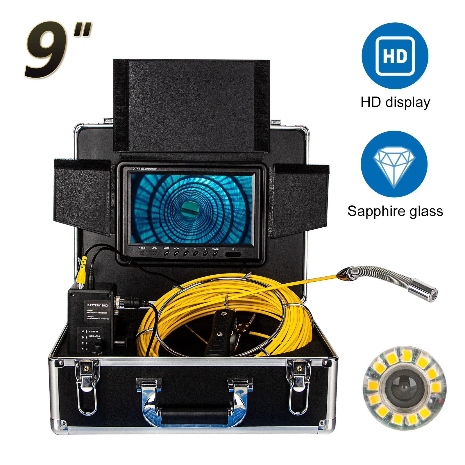 

WP90F spring camera Self Leveling / 512hz Transmitter 9inch Pipe Sewer Drain Inspection Camera Endoscope Borescope DVR 20M 30M