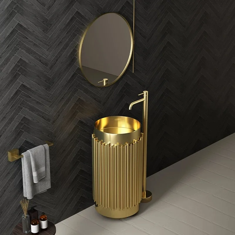 CX191HI Luxury Gold Round Bathroom sink Floor standing washbasin Golden SUS304 Stainless steel Lavabo with Brass faucet set