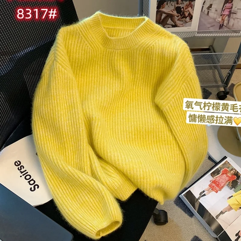 Women\'s Clothing Yellow Knitting Sweater Cashmere Long Sleeves Solid Round Neck Vintage 2024 Fashion Baggy Ladies Spring Tops