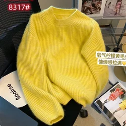 Women's Clothing Yellow Knitting Sweater Cashmere Long Sleeves Solid Round Neck Vintage 2024 Fashion Baggy Ladies Spring Tops