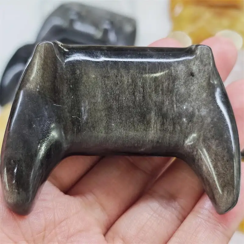 Natural Silver Obsidian Game Controller Carving Memnon Megalith Powerful Statue For Home Room Decoration Gift 1PCS