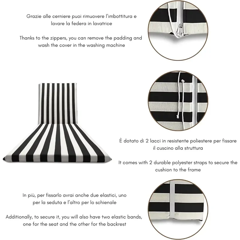 High-end Black and White Striped Outdoor Beach Lounge Chair Mat Waterproof Sunscreen Cushion for Hotel Poolside