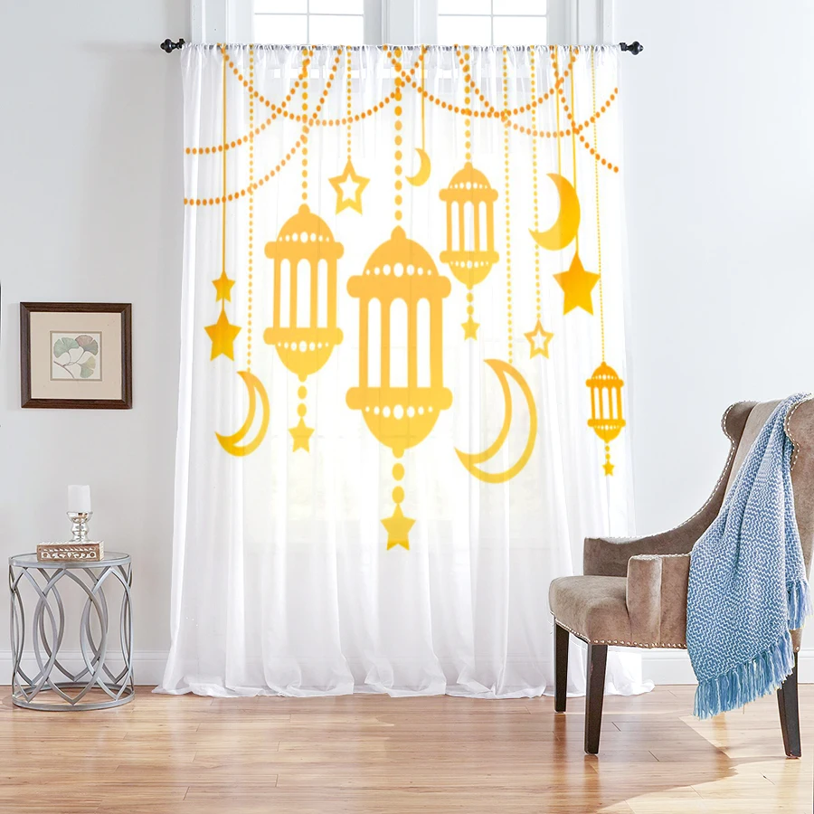 1PC Ramadan Yellow Lantern & Star Moon Sheer Curtain Festive Islamic Style Print Light Filtering Window Drape