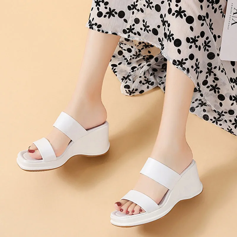 Thick Sole Wedges Women\'s Slippers 2024 Summer Casual Lightweight Female Shoes 6.5cm High Heel Indoor Outer Wear Slides Shoes