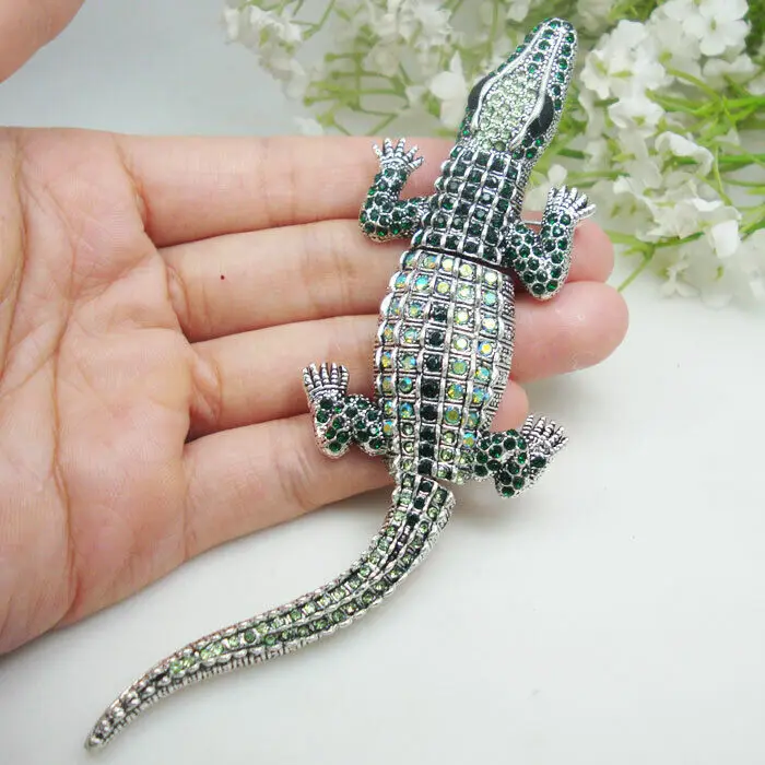 Silver Tone Vintage Crocodile Animal Woman Pendant Brooch Pin Green Rhinestone Gift Women Crystal Alligator Metal Broach Jewelry