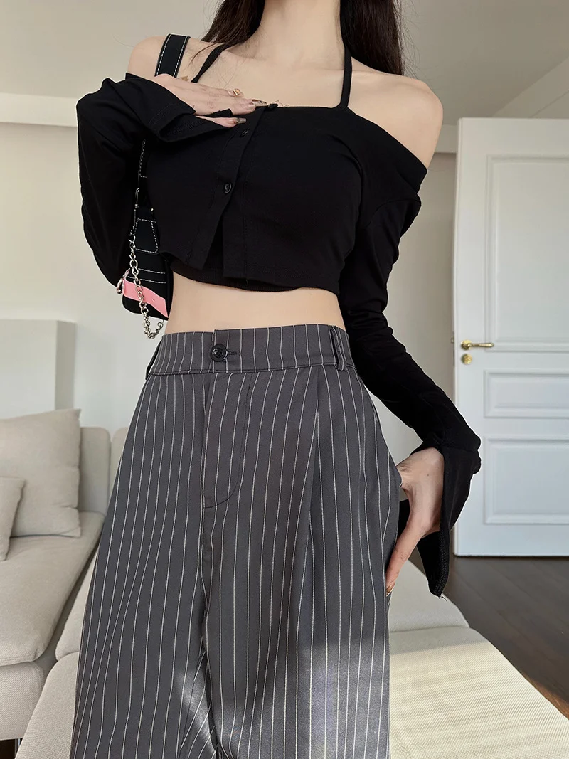 High Waist Vertical Stripe Drapey Pants Women Loose Slimming Narrow Wide Leg Straight Cut Western Style Trousers