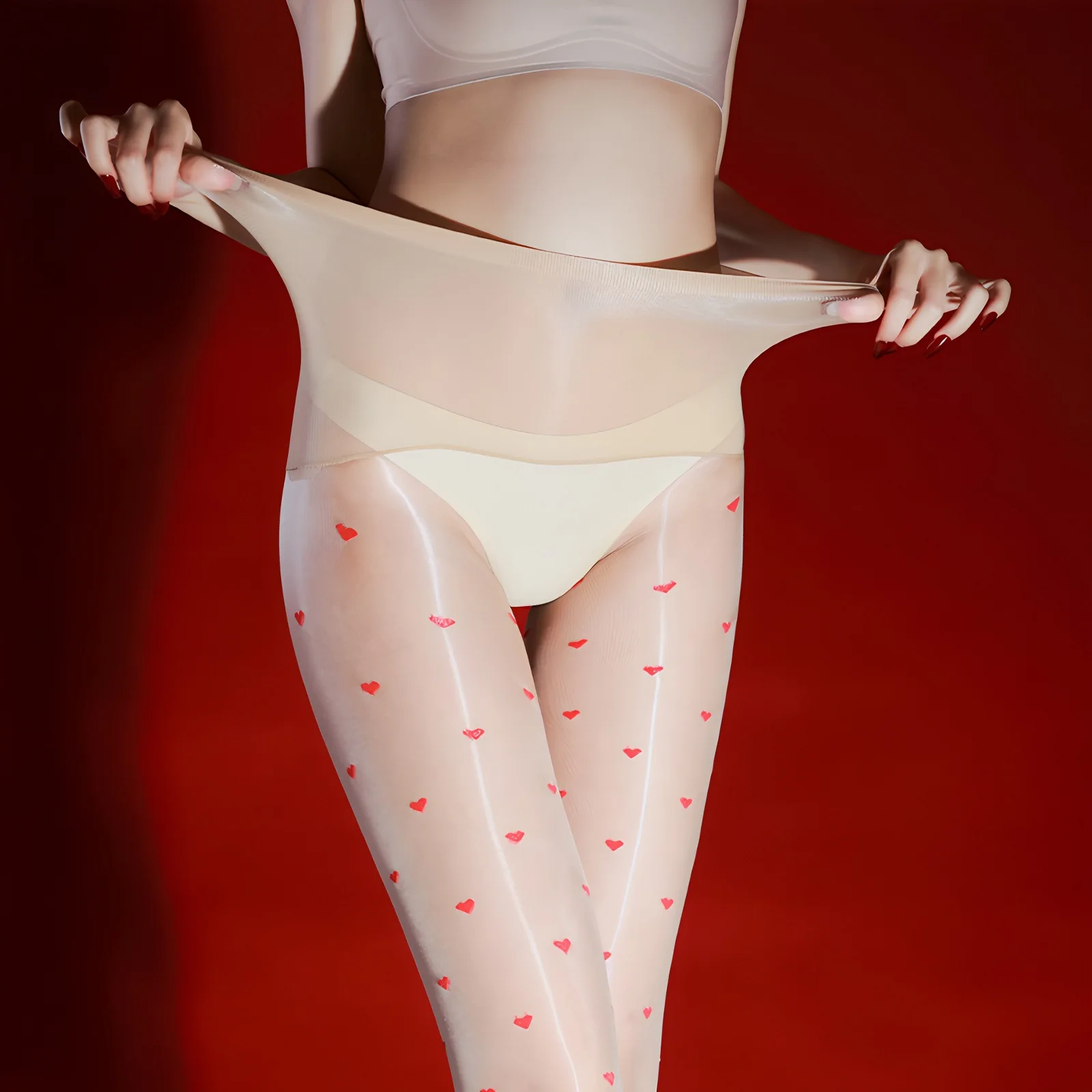 3D Oil Shiny Leg Aurora See Through Stockings Women Sexy Ultra-thin Red Love Polka Dot Seamless Tights Open Crotch Pantyhose