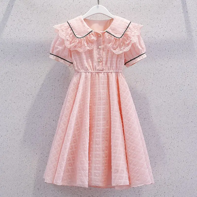 2026 New Summer Dresses Kid Baby Princess Lace Girls Teenager A-LINE STRIPED Chiffon Mid Long Layered Dress 4 8 10 12 14 Years