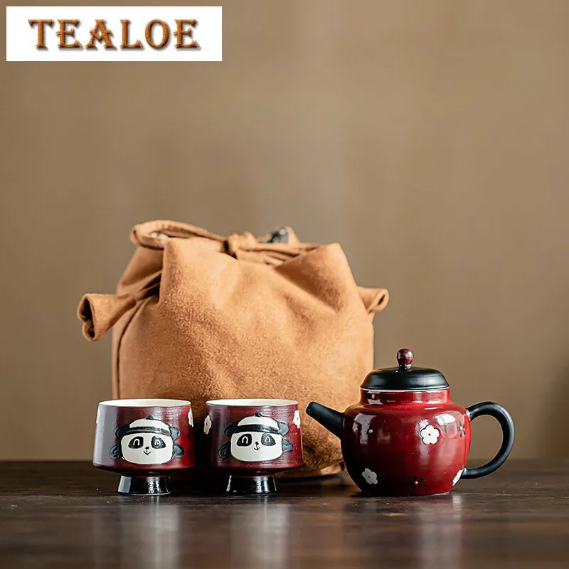 

Бутик Розовый Глід Красная Керамическая Чашка Ручная Роспись Маленький Цветочный Горшок Японский Чайник Для Заваривания Портативная Сумка Чайный Набор Кунг-Фу