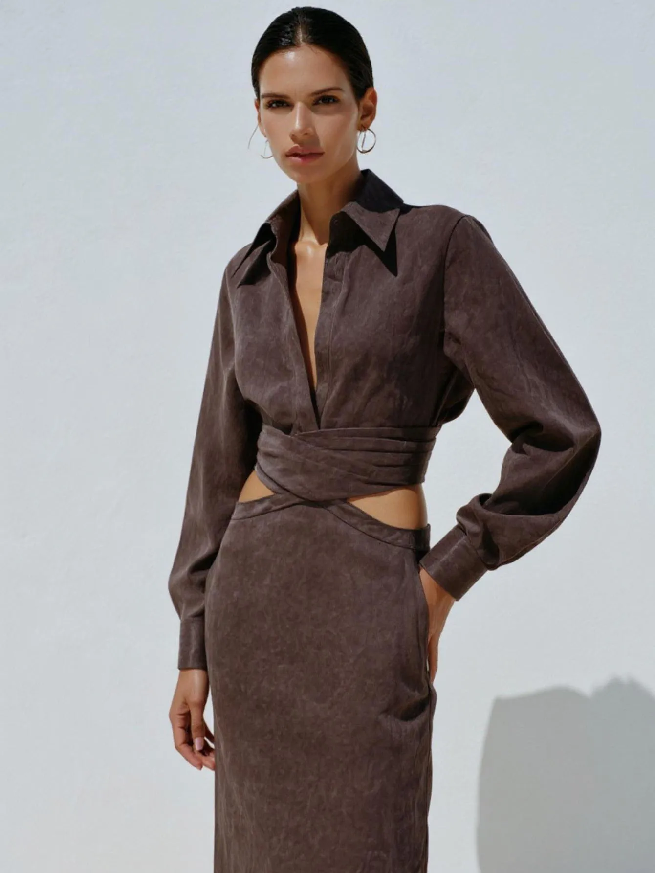 여성용 심플 긴팔 셔츠 칼라 슬림핏 드레스 패션 기본 컷아웃 디테일