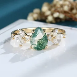 Classic Moss Agate Engagement Ring for Women 925 Sterling Silver Marquise Cut Zircon Cluster Rings Gold Plated Handmade Jewely