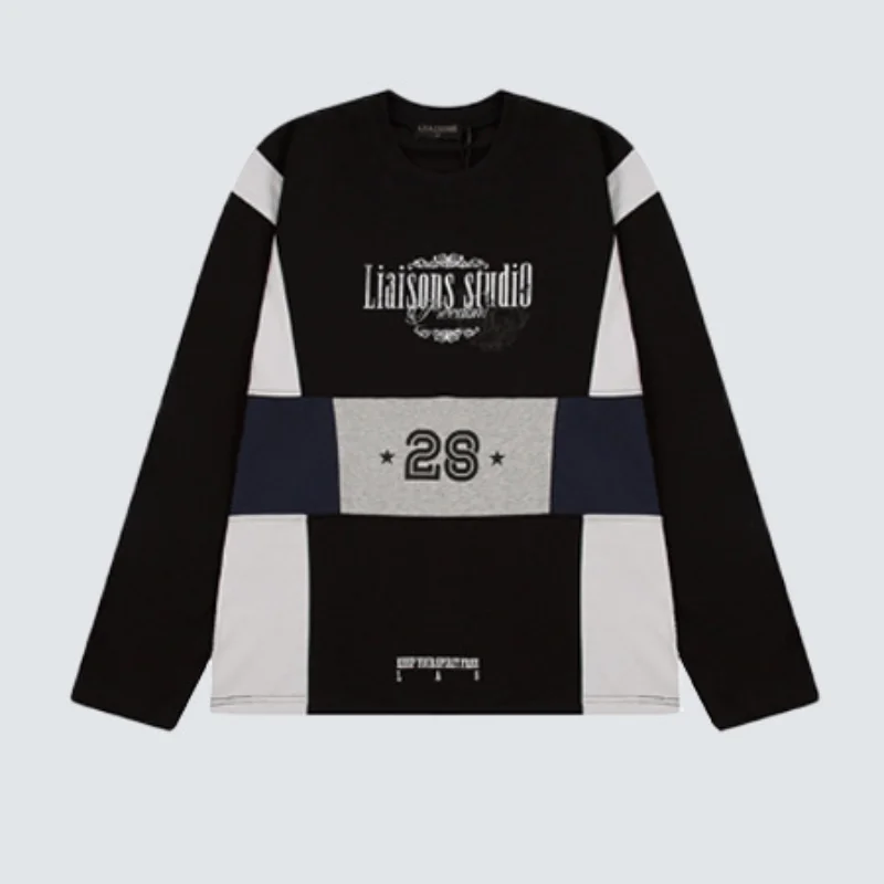 MWJLPWQ Color-Block Long-Sleeve T-Shirt Unisex American Retro Print Design Round Collar Spring Autumn Loose Fit Tops 17870