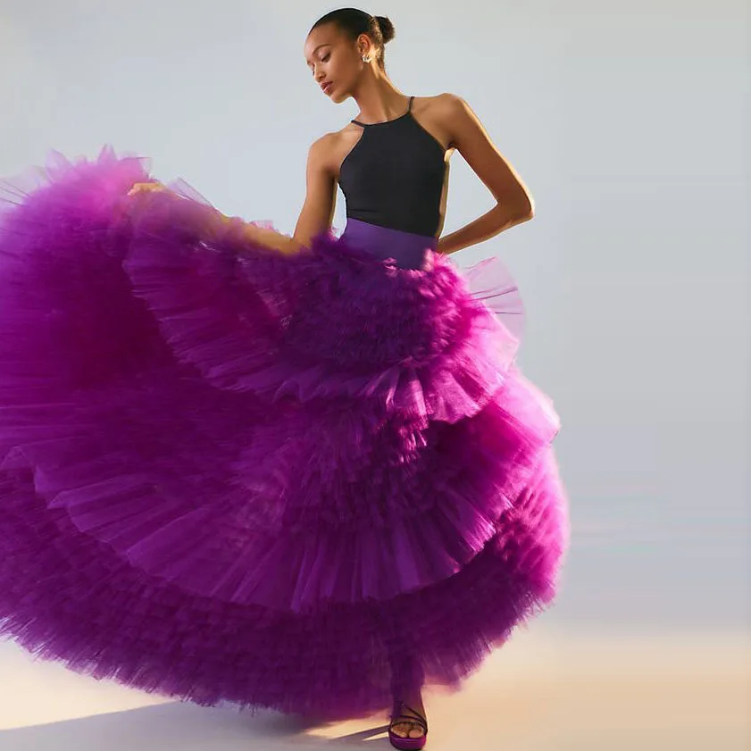 

Purple Fluffy Tiered Tulle Long Women Skirts To Party High Waistband Zipper A-line Bridal Tutu Tulle Skirt Maxi Skirt
