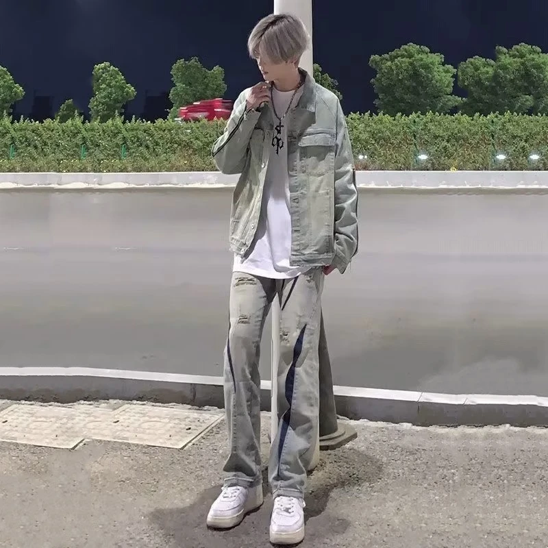 

Осень-зима, большие размеры 300, цветной дизайн, High Street, корейские мужские повседневные длинные джинсы с прямыми штанинами
