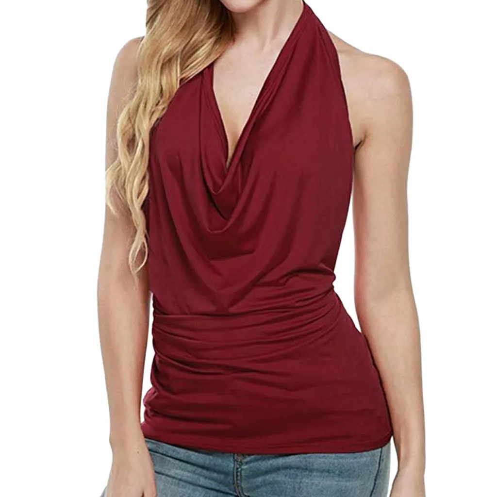 Sexy Off Shoulder Halter Tank Top Women Summer Casual Solid Color T-Shirt Elegant Backless Cowl Neck Drape Camisole Vest Blouse