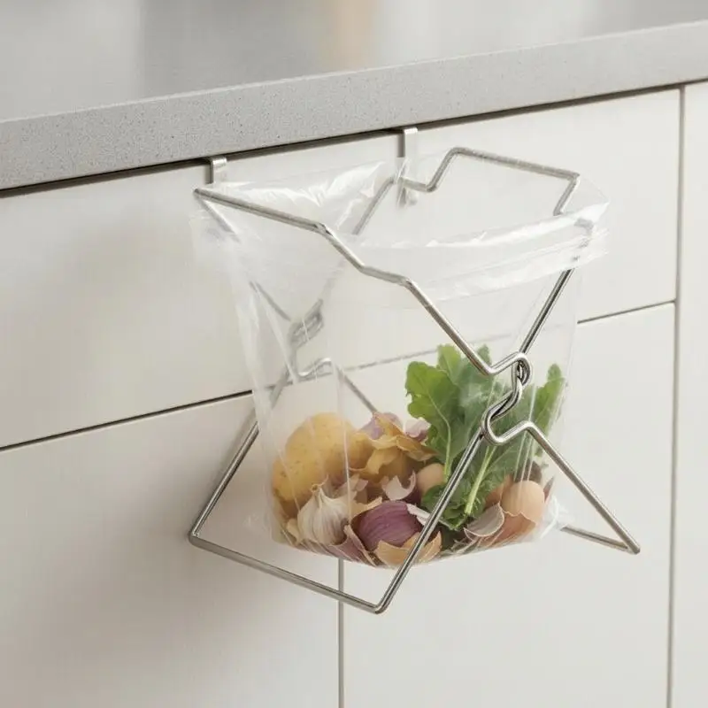 Collapsible Stainless Steel Garbage Bag Holder Quick Setup Portable Rack for Kitchen Countertop Outdoor Picnic Barbecue
