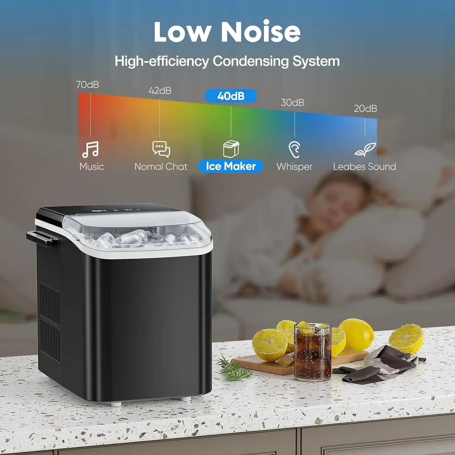 Efficient Countertop Self-Cleaning Ice Maker Producing 9 Cubes in Just 6 Minutes, 26.5lbs of Ice Per 24 Hours, Offering 2 Sizes