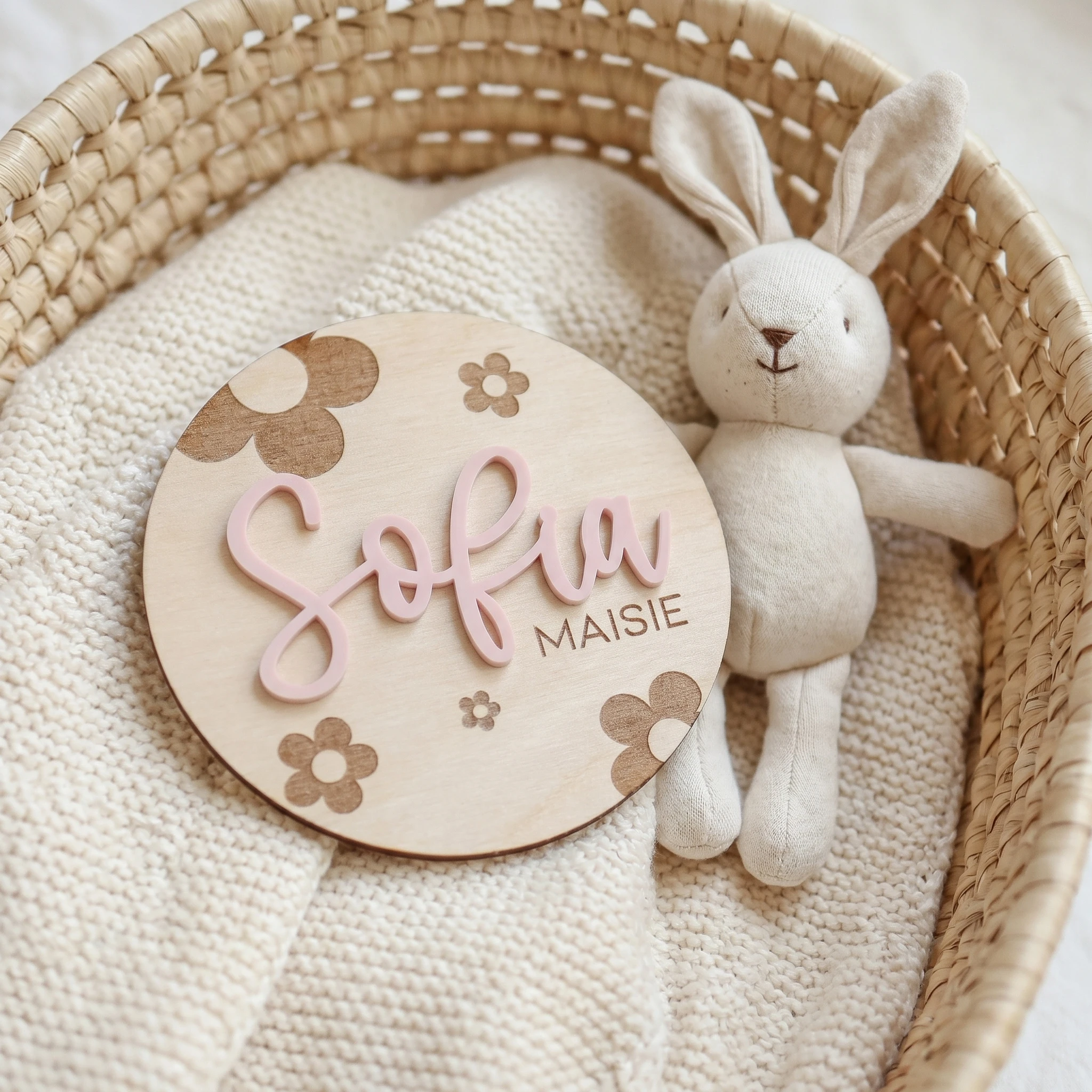 1 Stück Personalisiertes Baby-Namensschild aus Holz, Maßgefertigte Runde Blumen-Namensplakette, Neugeborenen-Fotorequisite, Babyparty-Geschenk, Kinderzimmer-Wanddekoration