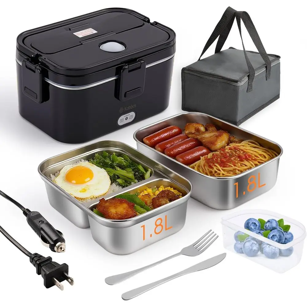 

1.8L Portable Electric Lunch Box, 100W Heated Lunch Box with Removable Dual Container, Fast Heating Food Warmer, 12V/24V/110V fo