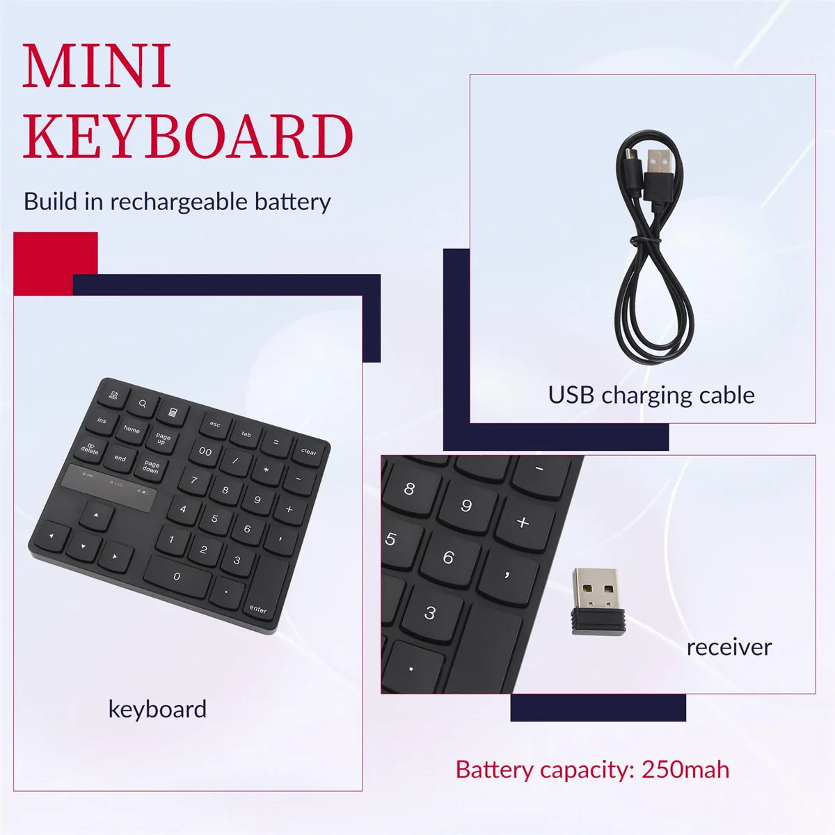 FZFZ 2.4G แป้นพิมพ์ตัวเลขไร้สาย, แป้นพิมพ์ตัวเลขแบบชาร์จไฟได้พร้อม 35 ปุ่มสําหรับพีซี/แล็ปท็อป//