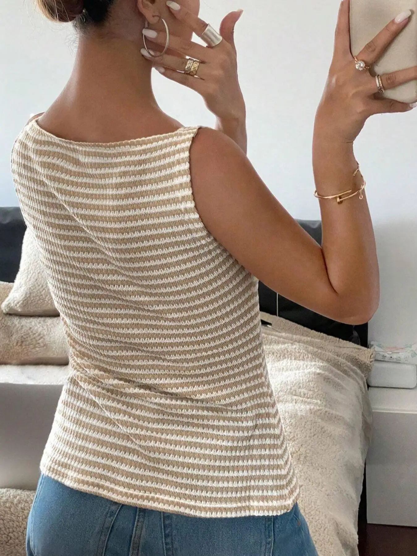 Women's Striped Button-Up Vest Casual Sleeveless Semi-Transparent Top Versatile Daily Wear for Ladies