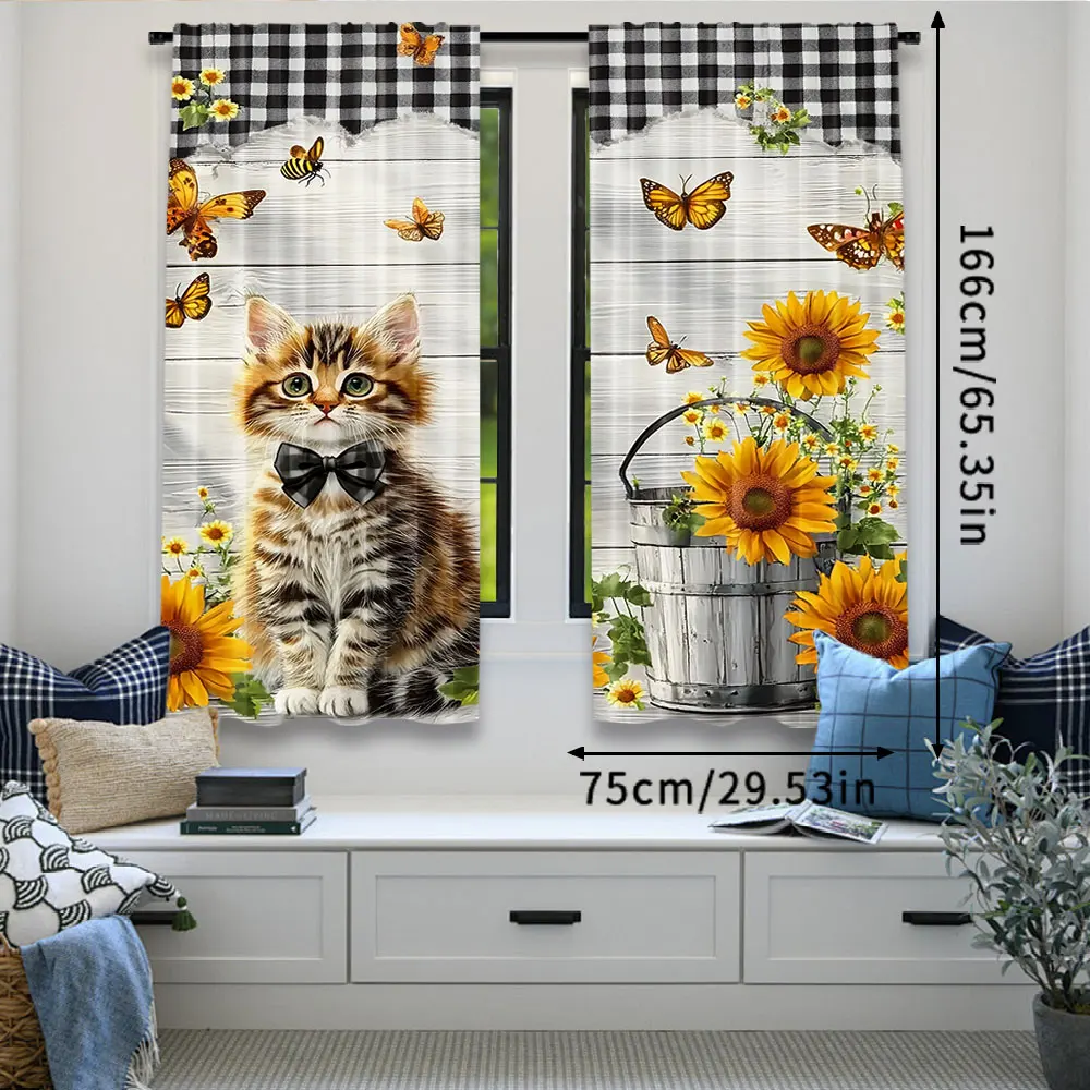 2Pcs Cute Country Cat Sunflower Curtains Rustic Wood Printed Curtains Suitable For Bedroom Bathroom Living Room Dining Room