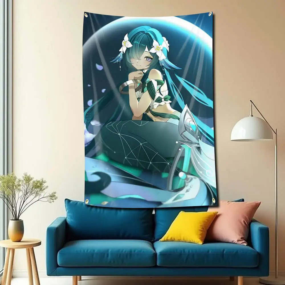 Fanart V-Vodyanitsa Genshin Flag Tapestry Banner for Bedroom Living Room Outdoor Camping Custom Supported