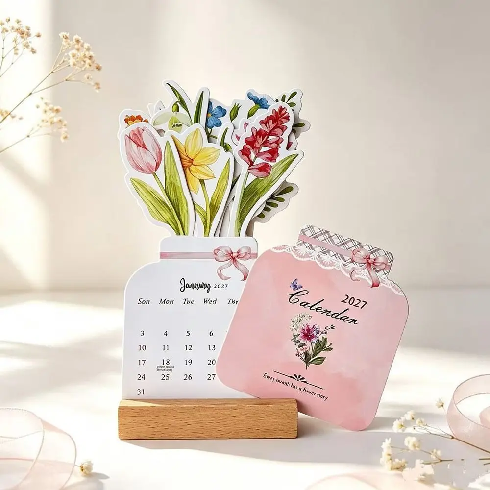 Paper 2027 Desk Calendar Floral Artwork Monthly Wooden Stand Calendar Wooden Base Wooden Table Calendar Home Office Decorative