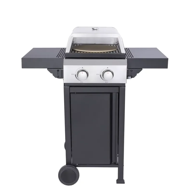 Portable 2-Burner Stainless Steel Propane BBQ Grill Pizza Oven Trolley Non-Stick Grilling Surface Folding Feature Modern