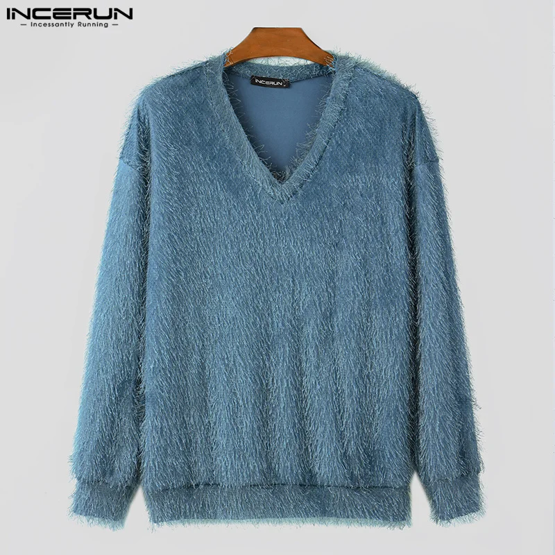 

INCERUN Men's Sweater 2025 Korean Style Fashion Solid Plush Texture Sweaters Casual Streetwear V-neck Long Sleeved Pullovers