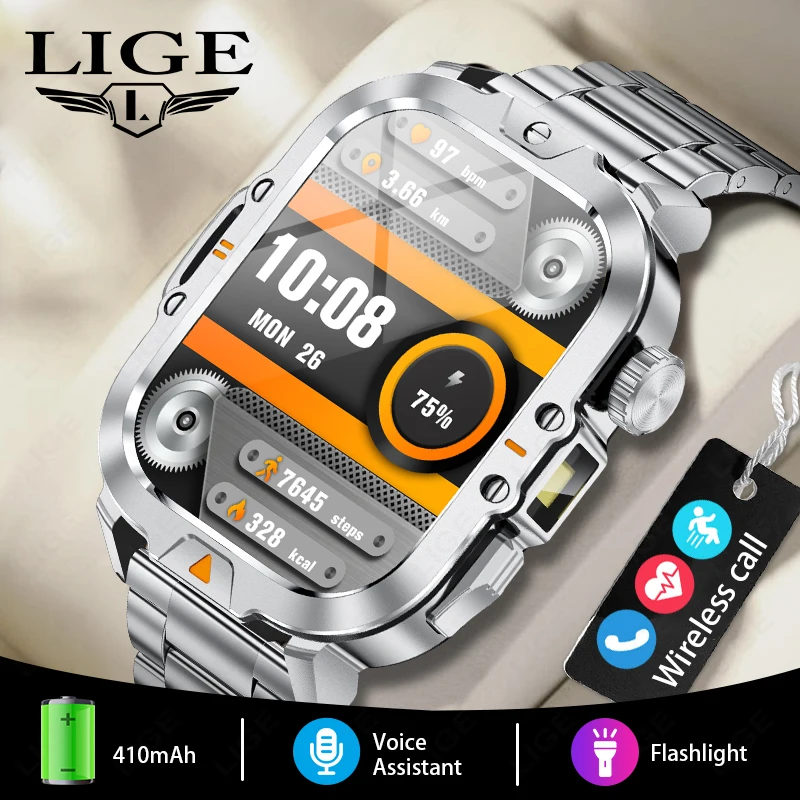 

LIGE LED Light Smart Watch Men Outdoor Sport Bluetooth Call AI Voice Bracelet IP68 Waterproof CNC Smartwatch For Android IOS V17