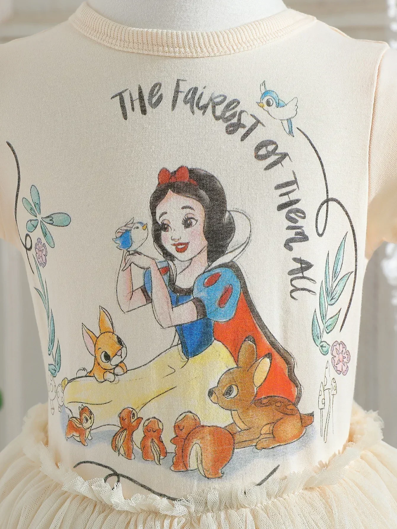 فستان أميرات ميكي ماوس بأكمام قصيرة من ديزني للبنات ، تنورة شبكية منتفخة للأطفال ، تنورة بيضاء ثلجية ، أطفال في الصيف