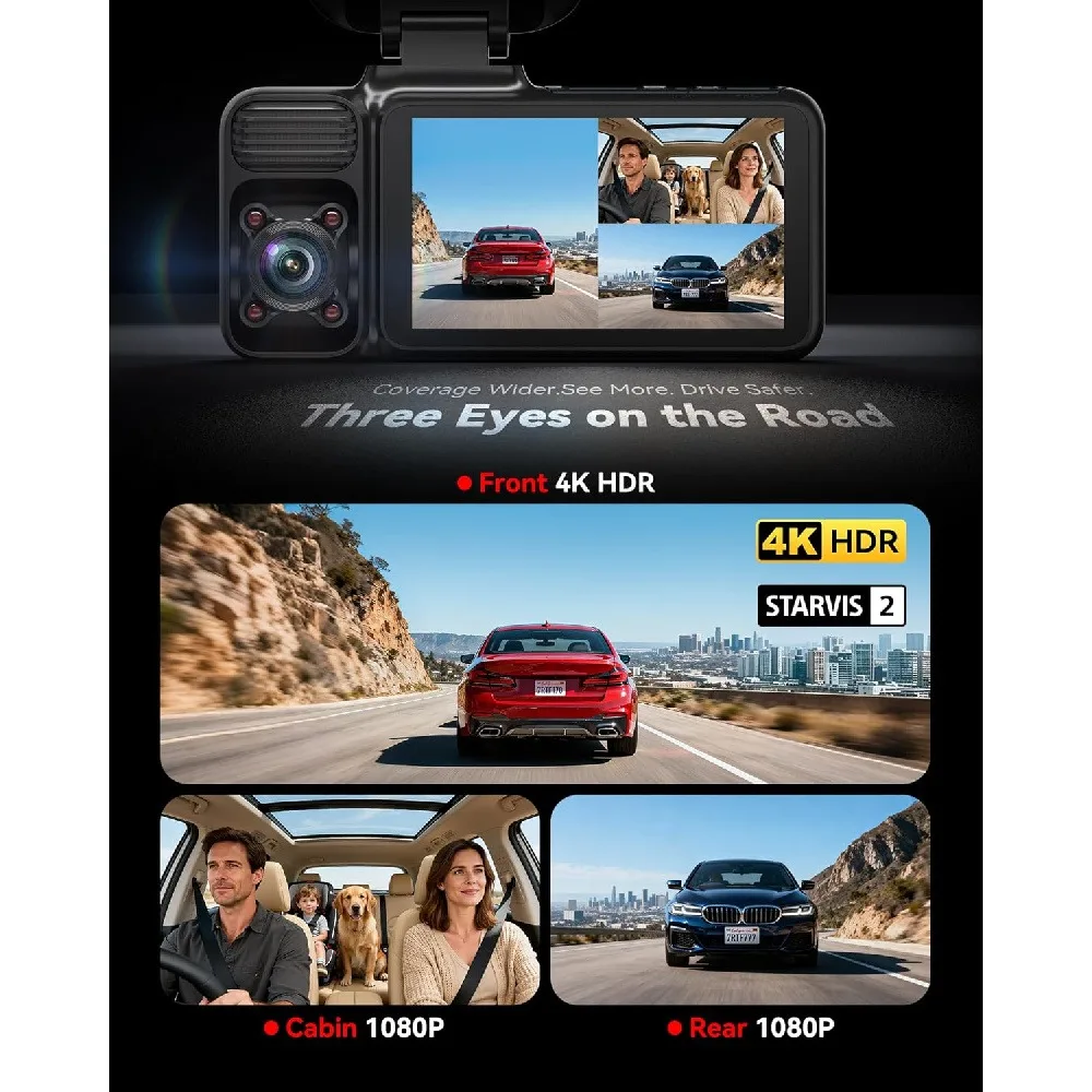 4K Camfront Rear Left and Right Car Cameras WiFi Built-in GPS Gravity Sensor 24H Parking Mode Parking Monitoring IR Night Vision