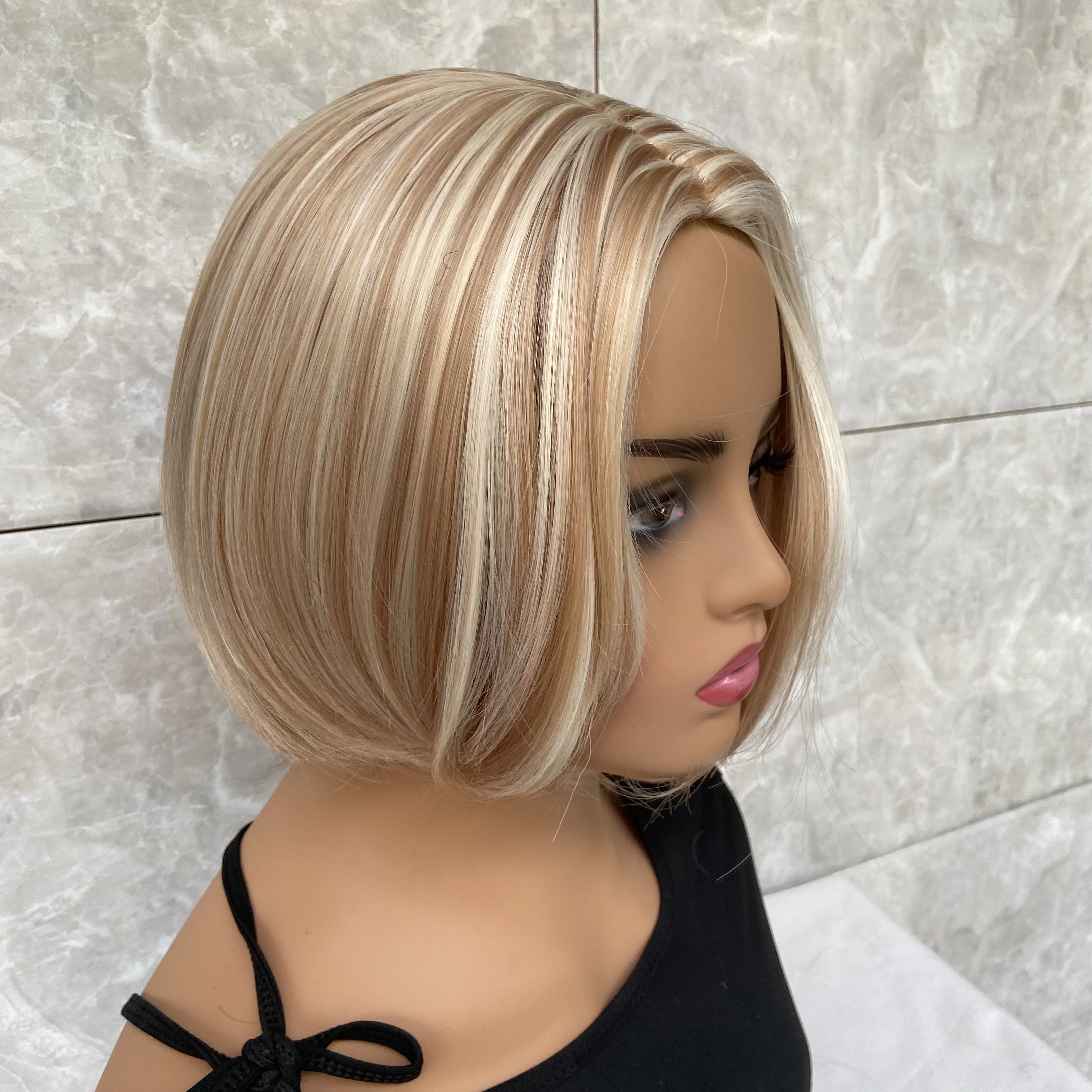 Fashiomag Short Bob Hairstyle Blonde Mix Human Hair Blend Heat Ok Synthetic Wigs Women Soft Natural Daily Use