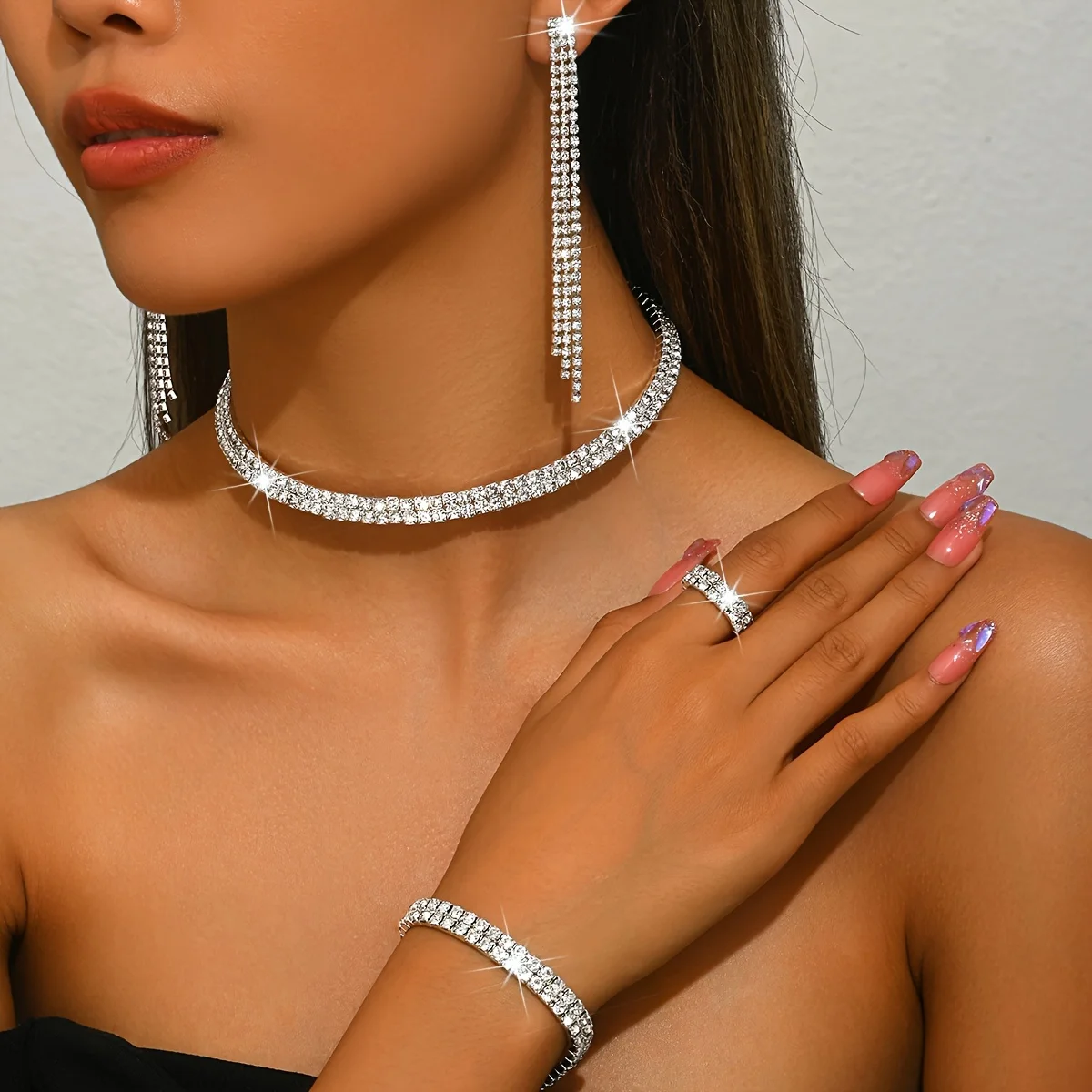 Women's Luxurious Rhinestone Jewelry Set, Choker, Earrings, Bracelet & Ring