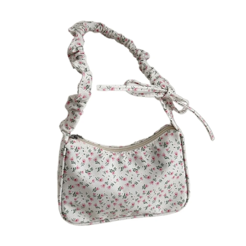 Bolso estético elegante para axila con estampado flores para mujer, bolso hombro tela plisado con lazo dulce, bolso con