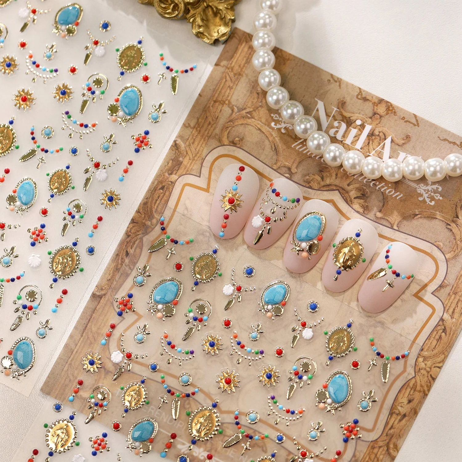 Antique Gem Round Blue Turquoise Color Bead Chain Sun Star Retro Human Figure Cross Shell 5D Nail Stickers Self Adhesive Decor