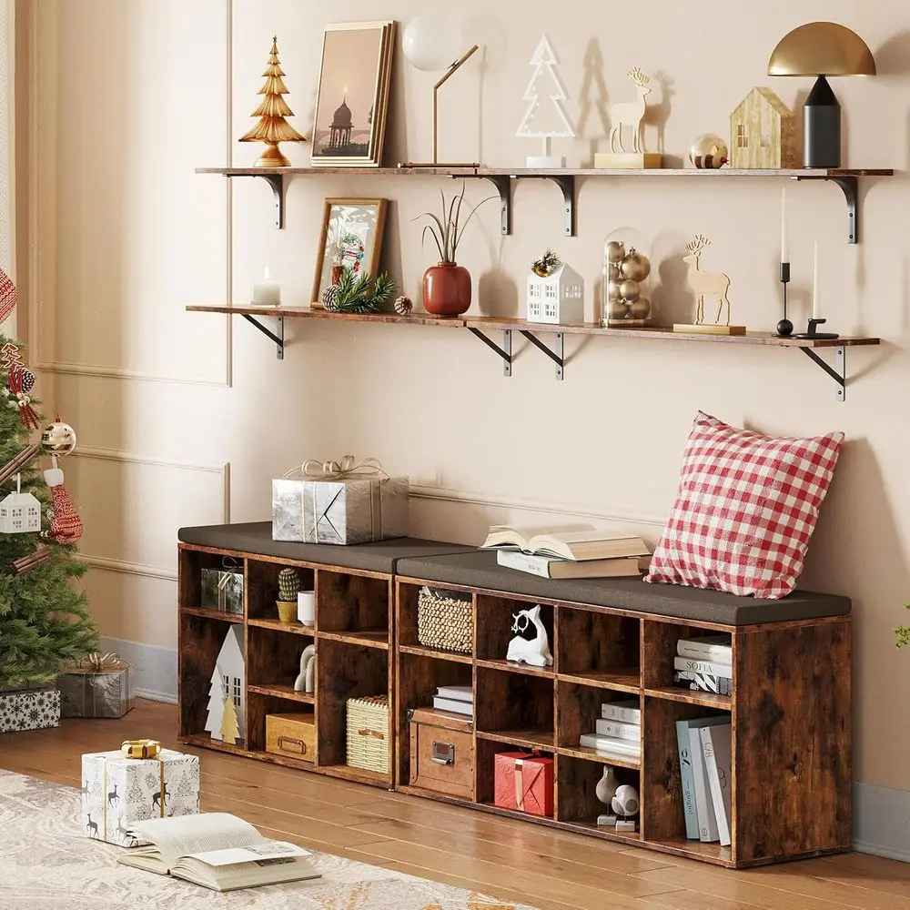 Multi-Functional 12-Cubby Shoe Storage Bench with Cushion, Adjustable Shelves, Rustic Brown for Entryway, Mudroom, Hallway, Clos