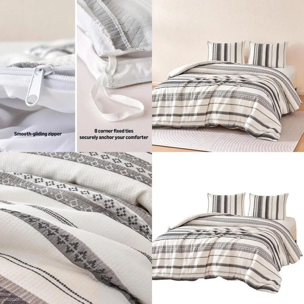 

Grey Striped Waffle Weave Microfiber Duvet Cover Set with 2 Shams, California King